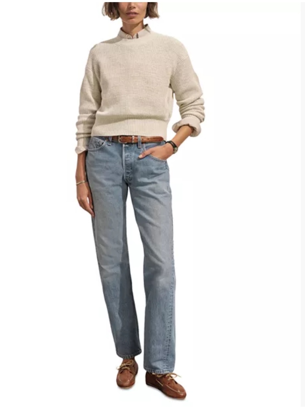 Buck Mason Cotton Cropped Waffle Knit Crewneck Sweater - Cream. Size XS - Picture 2 of 11